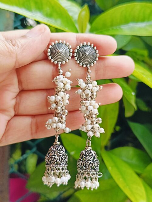 Long Jhumka Earring with Rose Jhumka and Pearls - Image 2