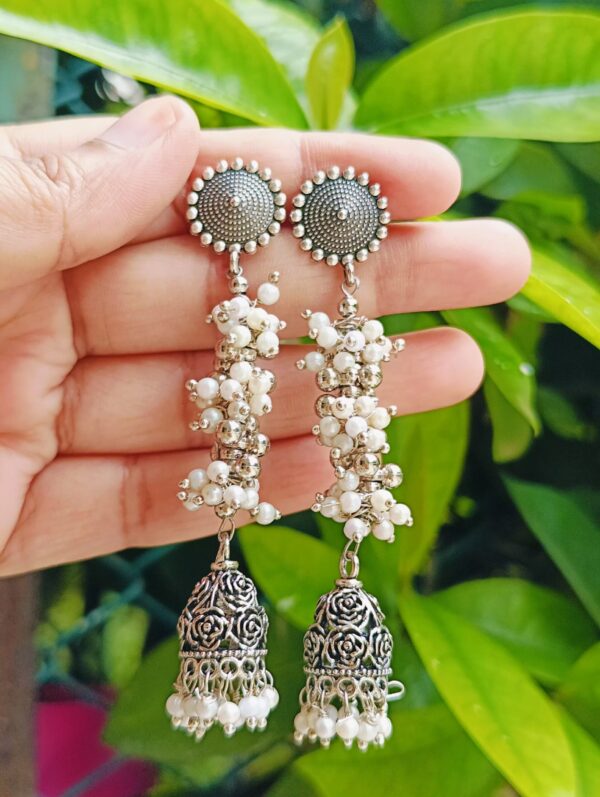 Long Jhumka Earring with Rose Jhumka and Pearls - Image 2