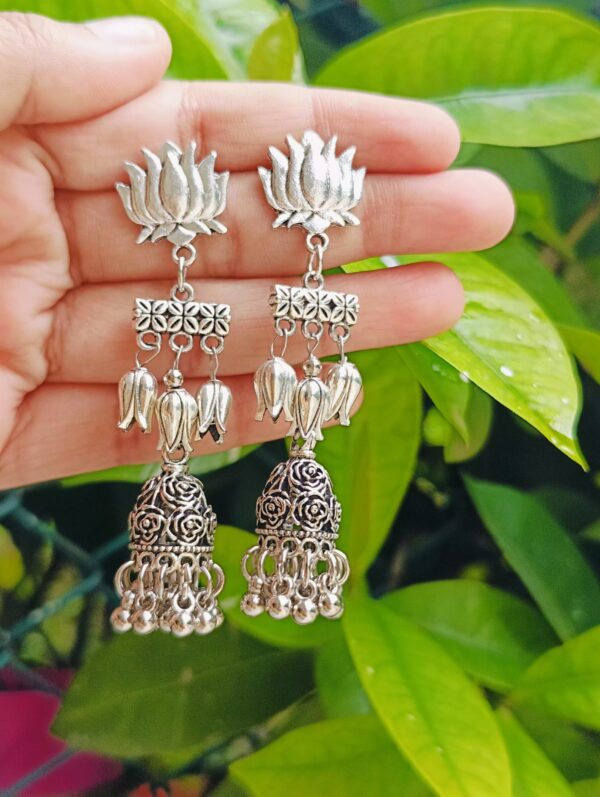 long rose Jhumka earring with lotus stud - Image 2
