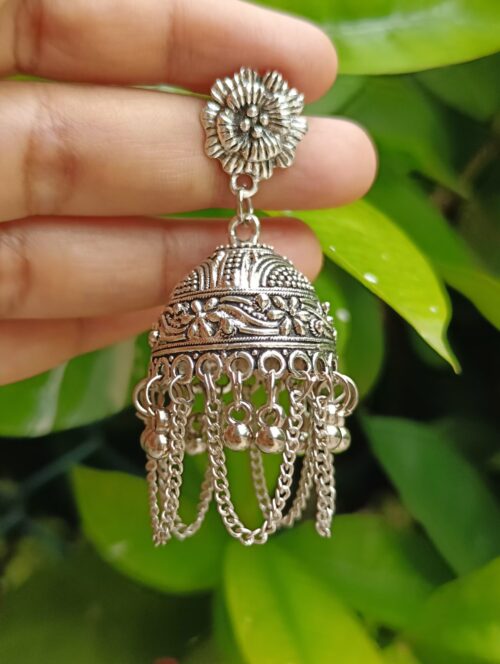 Layered Jhumka Earrings with Rose Stud - Image 2