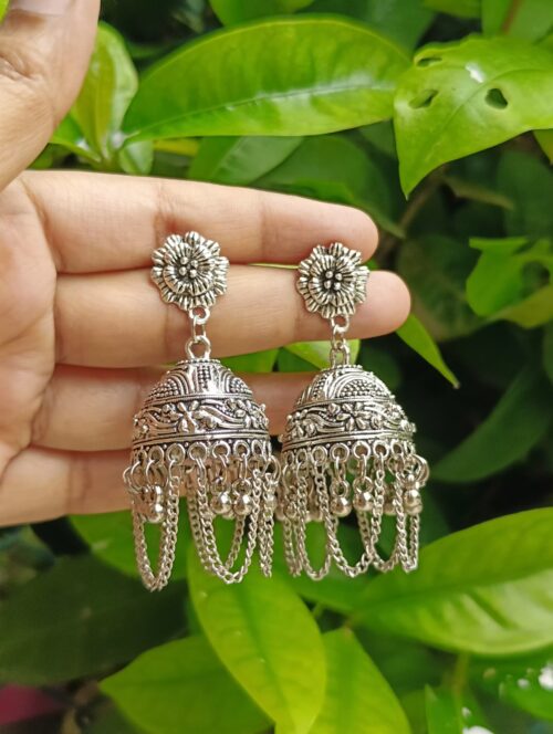 Layered Jhumka Earrings with Rose Stud