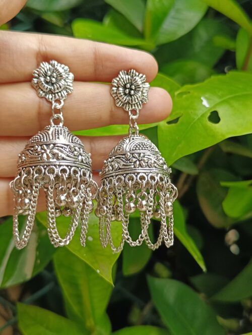 Layered Jhumka Earrings with Rose Stud - Image 6