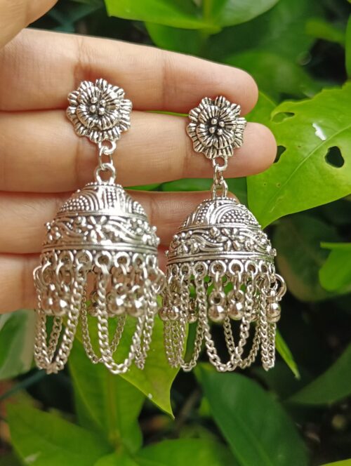 Layered Jhumka Earrings with Rose Stud - Image 3
