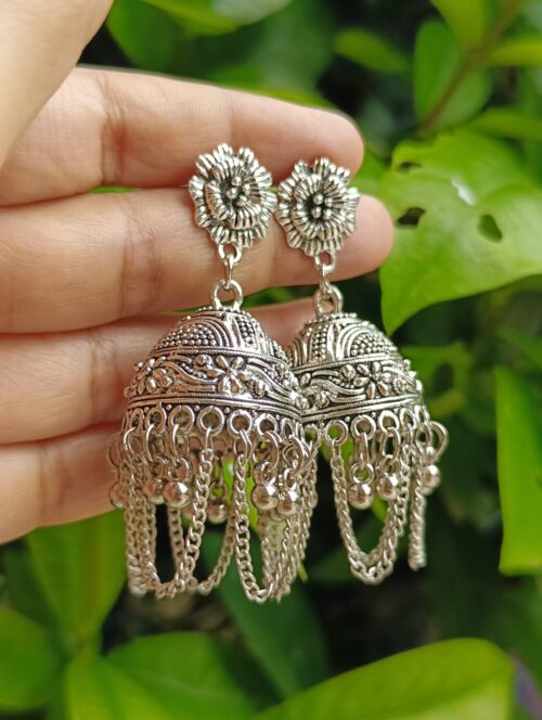 Layered Jhumka Earrings with Rose Stud - Image 4