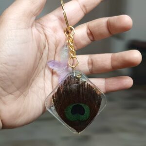 Peacock Feather Keychain in Square Shape
