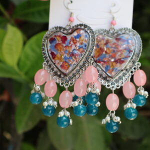 Handmade Heart-Shaped Blue & Pink Resin Earrings