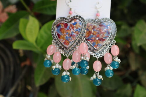 Handmade Heart-Shaped Blue & Pink Resin Earrings