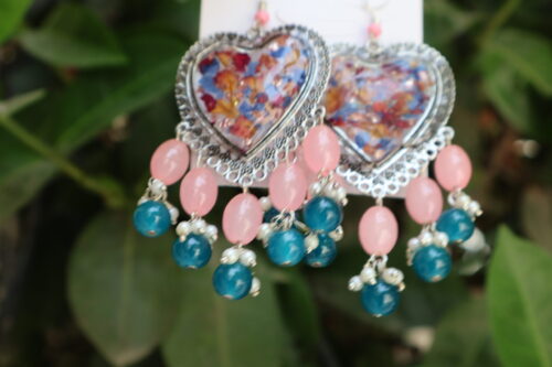 Handmade Heart-Shaped Blue & Pink Resin Earrings - Image 3