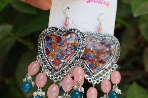 Handmade Heart-Shaped Blue & Pink Resin Earrings - Image 2