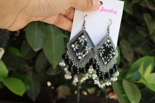 Black Resin Earrings with Gotapatti – Handmade Jewellery - Image 4