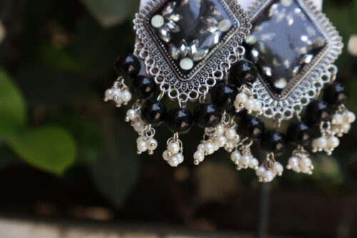 Black Resin Earrings with Gotapatti – Handmade Jewellery - Image 3